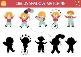 circo ombra accoppiamento attività con carino pagliacci. divertimento mostrare puzzle con divertente personaggi. trova corretta silhouette stampabile foglio di lavoro o gioco. divertimento Festival pagina per bambini vettore