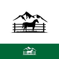 semplice linea cavallo logo design nel il gabbia e montagna silhoutte sfondo cartello simbolo vettore illustrazione