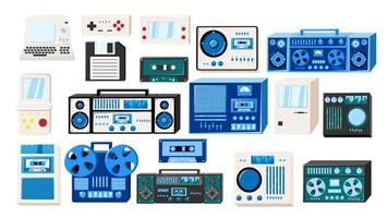 impostato di vecchio retrò Vintage ▾ isometria Tech elettronica cassetta Audio nastro registratore, computer, gioco console per video Giochi a partire dal il anni '70, anni 80, anni 90. vettore illustrazione