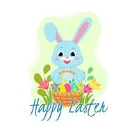 contento Pasqua. saluto carta o un' manifesti con Pasqua cestino, coniglietto, primavera fiori e Pasqua uovo. vettore illustrazione.
