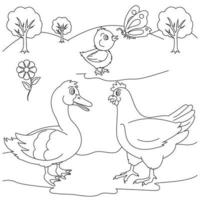 gallina, cigno e bambino pollo cartone animato personaggio colorazione pagina. colorazione libro per bambini vettore