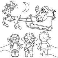 inverno vacanze Santa Claus e tre bambini colorazione pagina. colorazione libro per bambini vettore