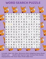 parola ricerca puzzle con selvaggio animali. formazione scolastica gioco per bambini. apprendimento inglese linguaggio. cartone animato ortografia puzzle. test per bambini cruciverba libro. vettore illustrazione.