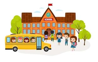 gruppo di bambini a piedi nel davanti di il scuola costruzione. bambino andando per il giallo scuola autobus. allievo nel uniforme. isolato vettore illustrazione nel cartone animato stile