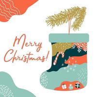 Natale calza e abete rosso rami. saluto carta con i regali, caramella, fiocchi di neve. ideale per allegro Natale e contento nuovo anno carte, manifesto. vettore