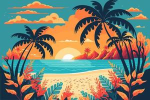 tropicale estate spiaggia oceano tramonto e Alba Visualizza cartone animato vettore illustrazione