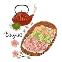 multicolore taiyaki pesce nel un' cestino e teiera isolato su un' bianca sfondo. vettore grafica.