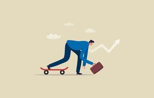 inizio un' nuovo attività commerciale o un' nuovo lavoro. inizio su crescita nel finanza o carriera sentiero. determinazione per vincita. uomo d'affari pronto a di partenza punto e skateboard. illustrazione vettore