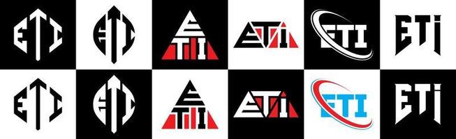 eti lettera logo design nel sei stile. eti poligono, cerchio, triangolo, esagono, piatto e semplice stile con nero e bianca colore variazione lettera logo impostato nel uno tavola da disegno. eti minimalista e classico logo vettore