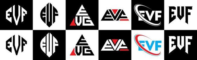 evf lettera logo design nel sei stile. evf poligono, cerchio, triangolo, esagono, piatto e semplice stile con nero e bianca colore variazione lettera logo impostato nel uno tavola da disegno. evf minimalista e classico logo vettore