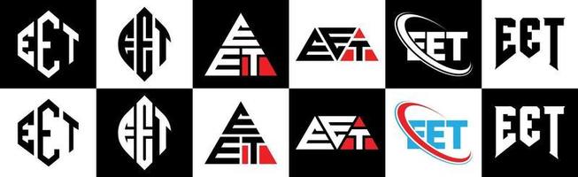 EET lettera logo design nel sei stile. EET poligono, cerchio, triangolo, esagono, piatto e semplice stile con nero e bianca colore variazione lettera logo impostato nel uno tavola da disegno. EET minimalista e classico logo vettore