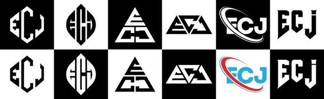 ecj lettera logo design nel sei stile. ecj poligono, cerchio, triangolo, esagono, piatto e semplice stile con nero e bianca colore variazione lettera logo impostato nel uno tavola da disegno. ecj minimalista e classico logo vettore