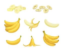 cartone animato maturo Banana frutta e spuntini. Banana sbucciare, mazzo di fresco e troppo maturo tropicale frutta isolato vettore. tritato e secco merenda, naturale cibo dieta e salutare nutrizione ingrediente vettore