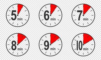 Timer icone con 5, 6, 7, 8, 9, 10 minuto tempo intervallo. conto alla rovescia orologio o cronometro simboli. Infografica elementi per cucinando preparazione istruzione vettore