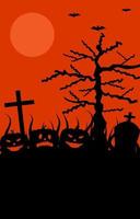 Halloween sfondo con pauroso zucche, croci, lapidi, spaventoso alberi, volante pipistrelli e pieno Luna. nero sagome orrore Halloween concetto su arancia sfondo. vettore