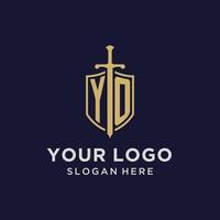 yo logo iniziale monogramma con scudo e spada design vettore