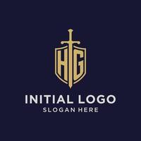 hg logo iniziale monogramma con scudo e spada design vettore