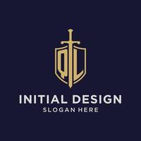 ql logo iniziale monogramma con scudo e spada design vettore