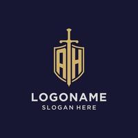 ah logo iniziale monogramma con scudo e spada design vettore