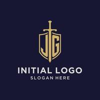 jg logo iniziale monogramma con scudo e spada design vettore