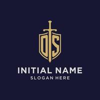 os logo iniziale monogramma con scudo e spada design vettore