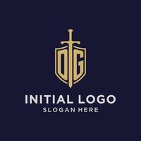 dg logo iniziale monogramma con scudo e spada design vettore