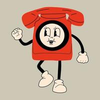 vecchio Telefono Vintage ▾. carino cartone animato personaggio con mani, gambe, occhi. retrò comico stile. mano disegnato isolato vettore illustrazione. Stampa, logo modello