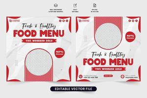 cibo menù sociale media inviare vettore con rosso e buio colori su bianca sfondi. speciale cibo menù sconto offrire manifesto design per marketing. culinario attività commerciale promozione modello design.