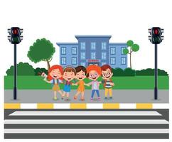 carino scuola bambini con zaini in attesa per fermare cartello a pedone traffico leggero per attraversare a pedone attraversamento su loro modo per scuola vettore