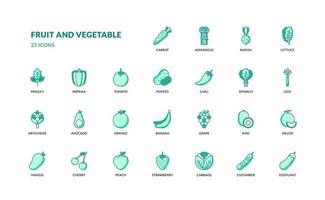 frutta e verdura drogheria vegano verdure drogheria cibo dettagliato magro linea verde colore icona impostare. semplice vettore illustrazione