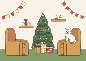 Casa vivente camera, gatto su poltrona con Natale albero e regalo, interno decorato per Natale vacanza. dentro Casa In piedi abete rosso. carta su inverno vacanza. vettore illustrazione