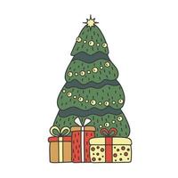 Natale abete albero decorazione con i regali, scarabocchio stile. schizzo albero abete verde colore. mano disegnato design su Natale e nuovo anno vacanza. vettore illustrazione