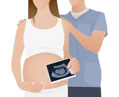 incinta donna con ultrasuono di sua bambino. contento futura mamma detiene il primo foto di sua nascituro bambino nel sua mano vettore
