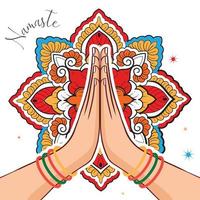 illustrazione di karma raffigurato con namaste, indiano Da donna mano saluto posizione di namaste con mandala design vettore illustrazione