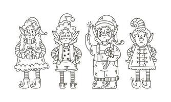 impostato di Natale scarabocchio personaggi per colorazione libro pagine. carino Babbo Natale elfi ragazzi e ragazze. vettore
