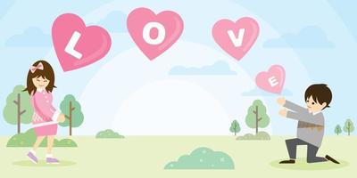 illustrazione di un' uomo dando astratto palloncini cuore forma per un' donna nel il parco e avere vuoto spazio per annuncio pubblicitario formulazione. San Valentino giorno saluto carta modello. vettore