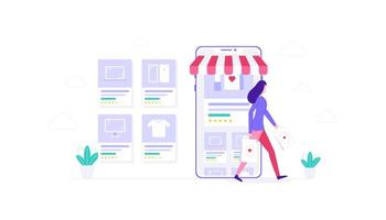 e-commerce donna mobile in linea shopping vettore illustrazione