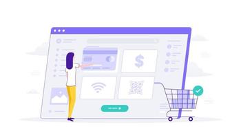 in linea shopping e pagamento metodo attraverso sito web. donna scegliere pagamento metodo credito carta. piatto illustrazione adatto per utente interfaccia, ui, ux, ragnatela, mobile, bandiera e infografica. vettore