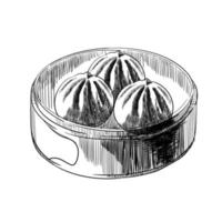 baozi mantou momo khinkali. asiatico tradizionale cibo Ravioli nel bambù piroscafo. vettore icona con Cinese cibo al vapore Ravioli o panini. nero e bianca grafica.