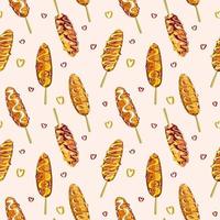 corndogs senza soluzione di continuità vettore modello. popolare asiatico strada cibo . disegnato a mano nel cartone animato stile fritte caldo Mais cani con salsiccia, formaggio e salsa.