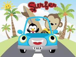 vettore illustrazione di scimmia con pinguino su divertente auto trasporto tavola da surf