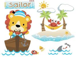 vettore illustrazione di carino Leone cartone animato nel marinaio costume su barca, andare in barca elementi con marino animali, isola