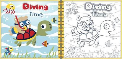 vettore cartone animato di divertente orso immersione con marino animali. colorazione libro o pagina
