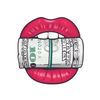 sexy rosso labbra pungente un' rotolo di i soldi. vettore cartone animato illustrazione