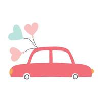 carino rosso auto con palloncini. san valentino giorno macchina. vettore illustrazione nel un' piatto mano disegnato stile.