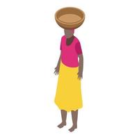 africano donna con testa cestino icona, isometrico stile vettore