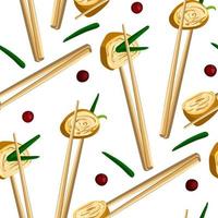 un' modello di asiatico tamago frittata nel Cinese bastoni con un' decorazione di verde cipolle e mirtilli rossi. senza soluzione di continuità sfondo con uovo rotoli. adatto per stampa su tessile e carte. cucina vettore