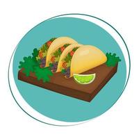 tre appetitoso tacos su un' di legno piatto con erbe aromatiche e lime. tradizionale messicano cucina. strada cibo, veloce cibo. vettore illustrazione.