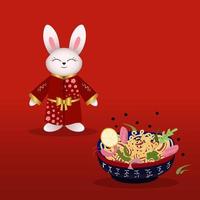 Cinese coniglio, coniglietto nel chimono con piatto di tagliatelle. vettore illustrazione asiatico cibo