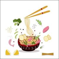 asiatico cibo scatola con tagliatelle nel piatto e ingredienti. vettore illustrazione